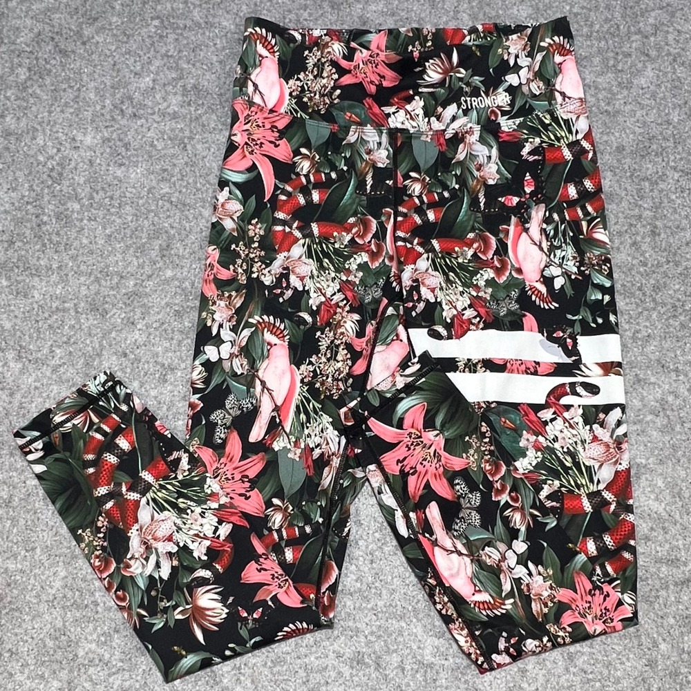 Stronger Women Floral Snake Print High Waist Leggings Black Pink Green Medium